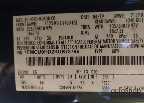 2019 Ford Escape Sel z USA, uszkodzony, nr VIN 1FMCU9HD2KUB73796